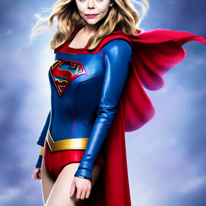 Image similar to professional full length photograph of elizabeth olsen as supergirl. Extremely detailed. 8k