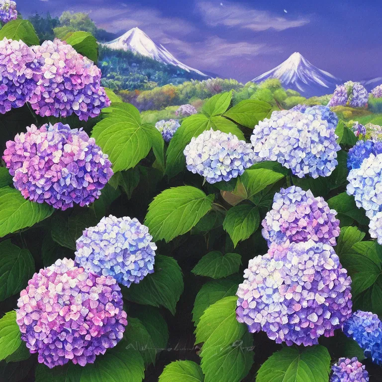 Prompt: a beautiful painting of hydrangea and mountain landscape, clematis theme logo, clematis theme banner, clematis design, clematis in the deep sea, clematis like stars in the sky, hydrangea, trending on artstation, warm light, lovely and cute, fantasy art, 8 k resolution, highly detailed