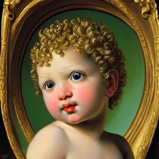 Prompt: baroque rococo painting of a cherub portrait greg hildebrandt carvaggio high detail