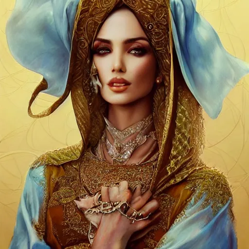 Image similar to a beautiful arabian woman wearing a wedding dress kaftan by karol bak, ayami kojima, artgerm, arabian beauty, blue eyes, smile, concept art, fantasy