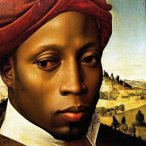 Prompt: a renaissance portrait painting of talib kweli by giovanni bellini