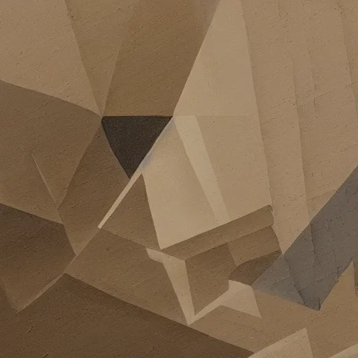 Image similar to masterpiece abstract intricate painting of detailed multiple layers of rocky material. highly geometric slanting down. isometric angles. beautiful use of light and shadow to create a sense of depth. using architectural brushwork and a limited earthy color palette, providing a mathematical sketchy look.