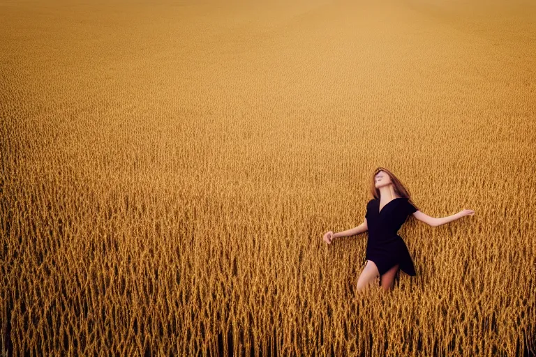 Prompt: photograph of a fashion model flying over a wheat field. photography by julia hetta, cinematic, elegant, real dlsr photography, sharp focus, 4 k, ultra hd, sense of awe