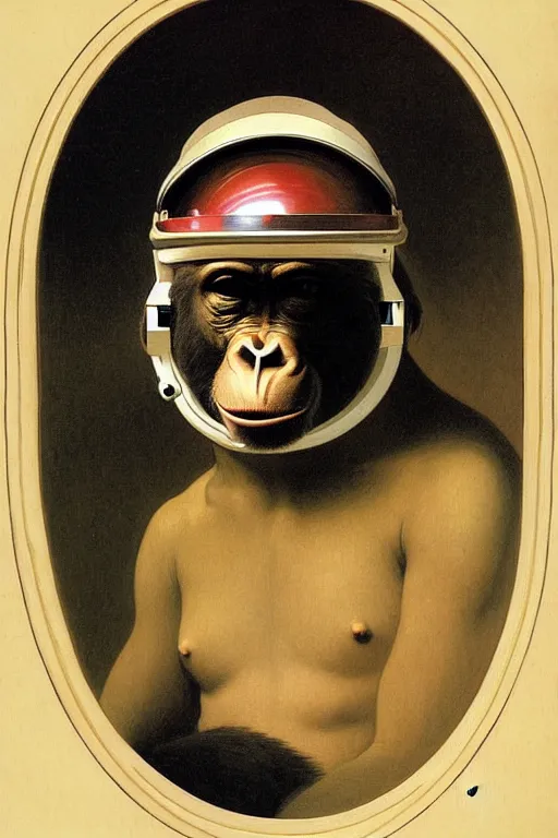 Prompt: portrait of one ape in astronaut helmet, by bouguereau