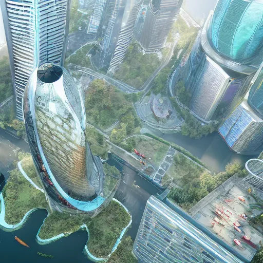 Image similar to aerial view of a giant fish tank shaped like a tower in the middle of Shanghai city, 8k octane render, photorealistic