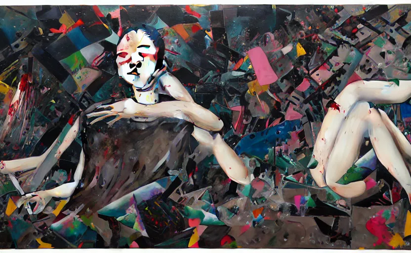 Image similar to decollage painting young japanese actress struggling in a ruined city by adrian ghenie and takato yamamoto and edward hopper and mark ryden and tsutomu nihei, part by bridget riley, acrylic pour and splashing paint, very coherent, baroque elements, perfect anatomy, intricate design. pop art.