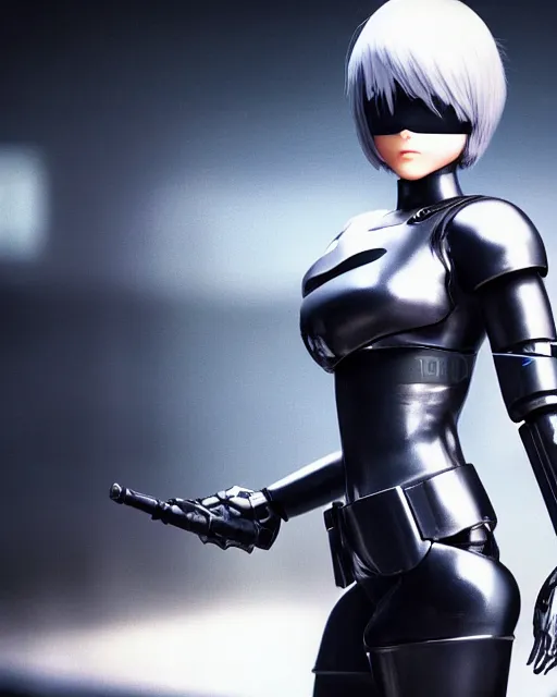 Image similar to film still close - up shot of 2 b nier automata as robocop from the movie robocop. photographic, photography