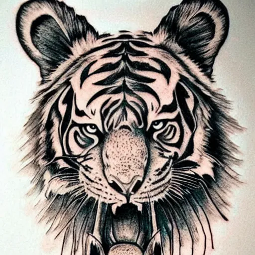 Prompt: a realistic tattoo design that has a beautiful warrior woman on the bottom and a tiger head on the top, highly detailed
