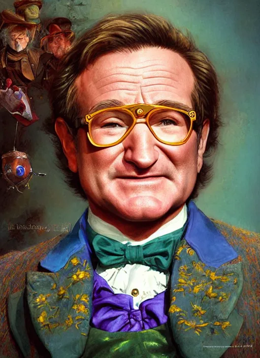 Prompt: robin williams as willy wonka, digital art by eugene de blaas and ross tran, vibrant color scheme, intricately detailed, in the style of romanticism, cinematic, artstation, greg rutkowski