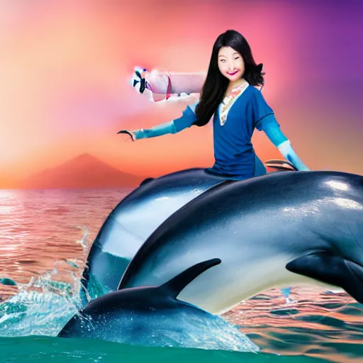 Image similar to a beautiful Chinese princess riding a dolphin, advertising photography, realistic photo, studio light