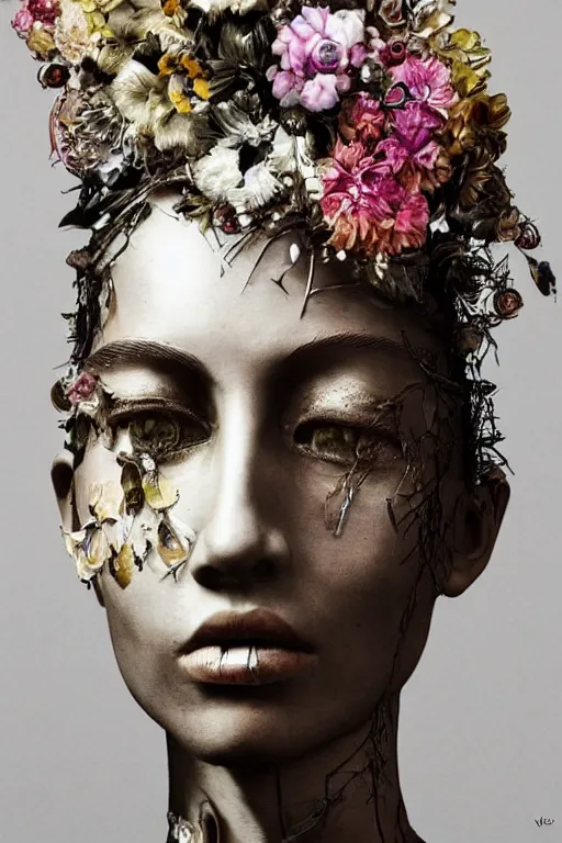 Prompt: sculpture made of flower, portrait, female, future, shaman, Harpers Bazaar, Vogue magazine, insanely detailed, concept art, close up