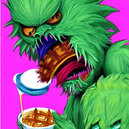 Image similar to a tennis ball monsters eating waffles, colorful, digital art, fantasy, magic, chalk, trending on artstation, ultra detailed, professional illustration by basil gogos