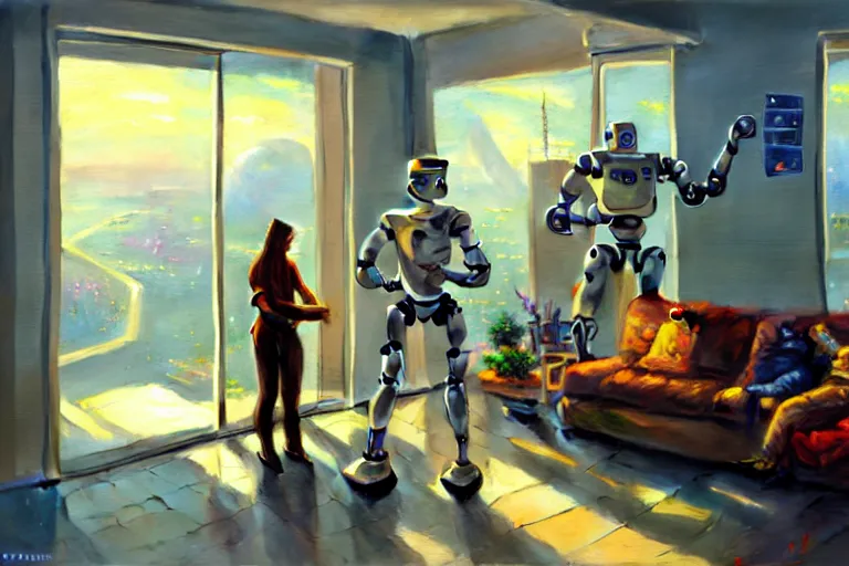 Prompt: oil painting of a humans and robots in futuristic living together, octane rendering, trending on artstation, thomas kinkade and james gurney