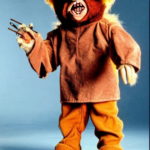 Image similar to an Ewok dressed as Chucky the doll from the movie Child's Play