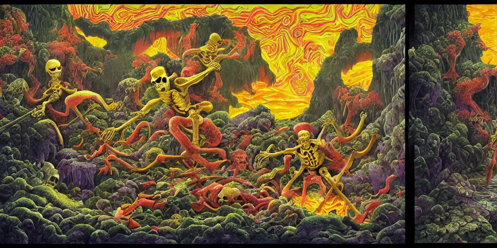 Image similar to 3d renderings of two Skeletons fighting in front of a waterfall, infographic for imaginary animals, golden hour, backlit by an alien planet, sharp focus, psychedelic LSD manga, abstract oil painting by Raqib Shaw and joseph albers, MC Escher illustration