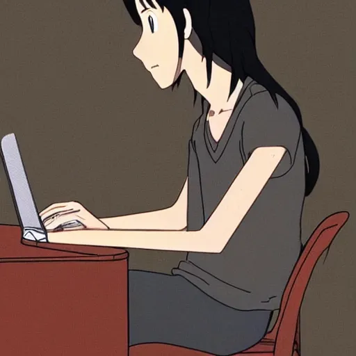 Prompt: guy with long black hair using a laptop, tan skin, looking down, art by hayao miyazaki, studio ghibli film, twitter pfp
