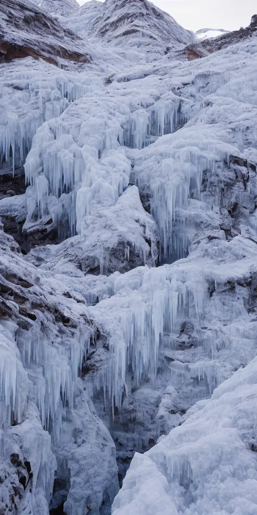 Image similar to a frozen canyon, covered in ice, in the style of reuben wu,