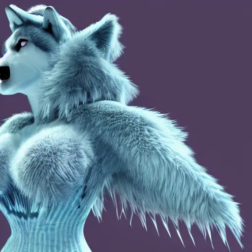 Image similar to 3 d render, well toned, large, female anthropomorphic wolf with wings, blue fur and scales with white spots and wings on her back, icey blue dress, furr covering her chest.