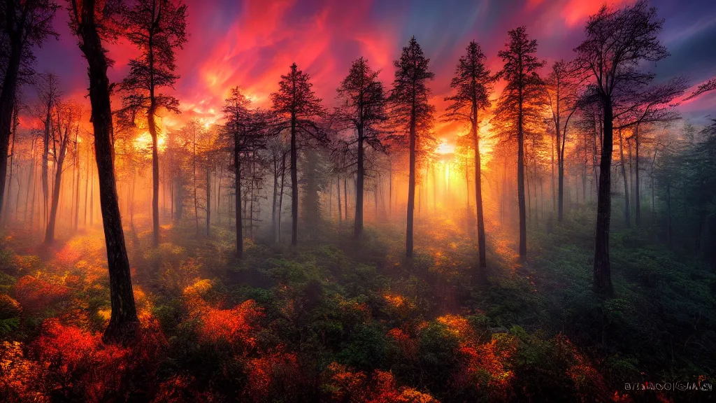 Image similar to amazing landscape photo of a forest in sunset by marc adamus, beautiful dramatic lighting