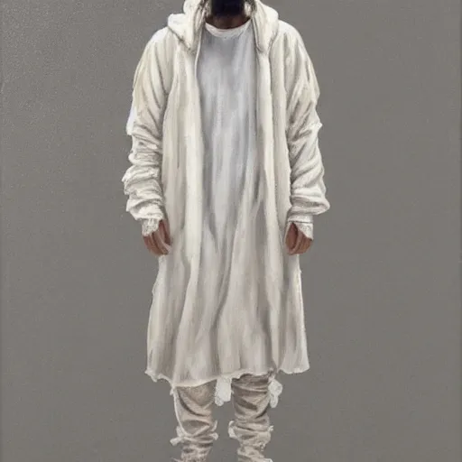 Image similar to a full body lookbook portrait of modern day jesus wearing cream fear of god menswear collection by nicola samori, hat and hoodie, detailed, oil painting, hyper realistic, 8 k, yeezy collection