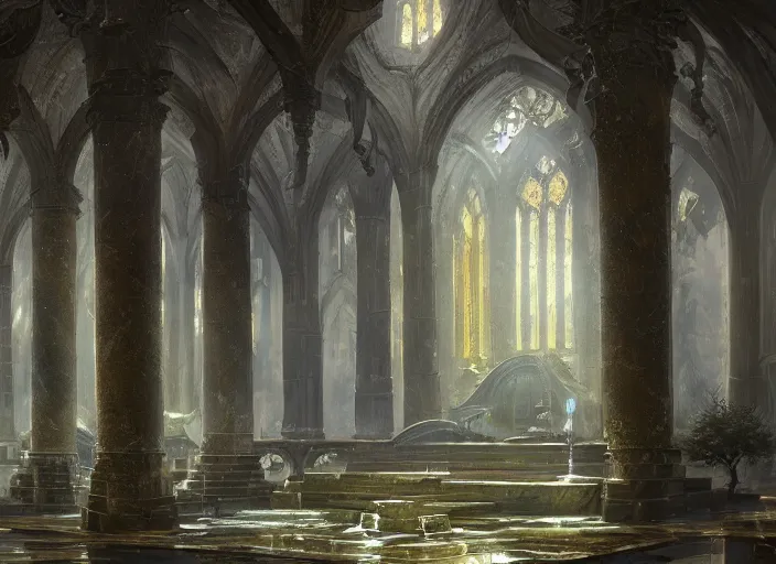 Image similar to A temple church in a beautiful elven city made of black and gold marble, anime, lush trees, fountain, a fantasy digital painting by Greg Rutkowski and James Gurney, trending on Artstation, highly detailed