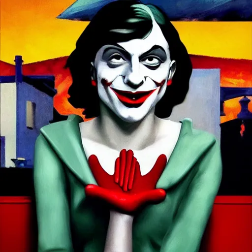 Image similar to edward hopper and mimmo rottela and banksy as joaquin phoenix skinny joker holding hand lady gaga harley queen, medium shot, ultra photorealistic, extreme realistic, intricate details, pop art style, concept art, confident, love, random object movement, 3 colours, warm color, 4 k, ultra smooth, sharp focus