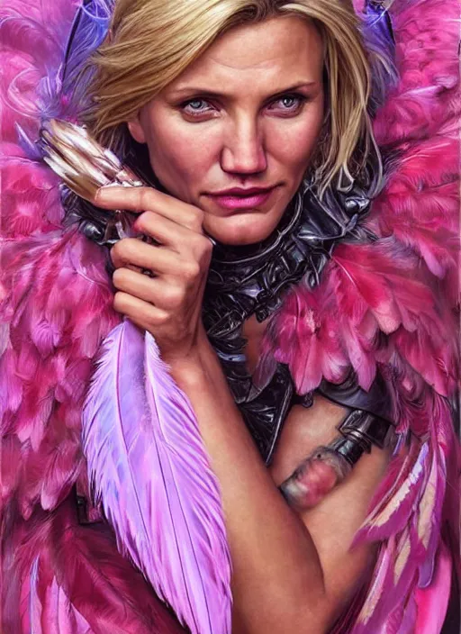 Image similar to serious looking Cameron Diaz as a ruggedly handsome heroine wearing pink feathers and wielding a glowing bow, intricate, elegant, tasteful, highly detailed, centered, digital painting, artstation, concept art, smooth, sharp focus, illustration, art by artgerm and donato giancola and Joseph Christian Leyendecker, WLOP