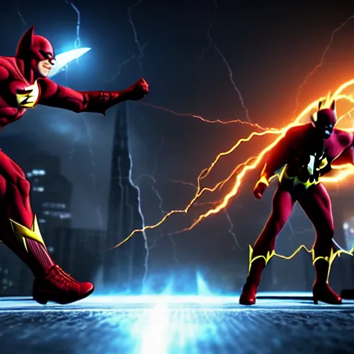 Image similar to ultra detailed fight between batman and the flash, unreal engine, extremely detailed, epic, dark