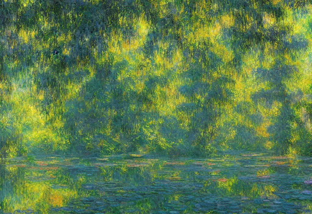 Prompt: a beautiful enchanted glowing heavenly seamless jungle scenery in the style of claude monet, digital art,