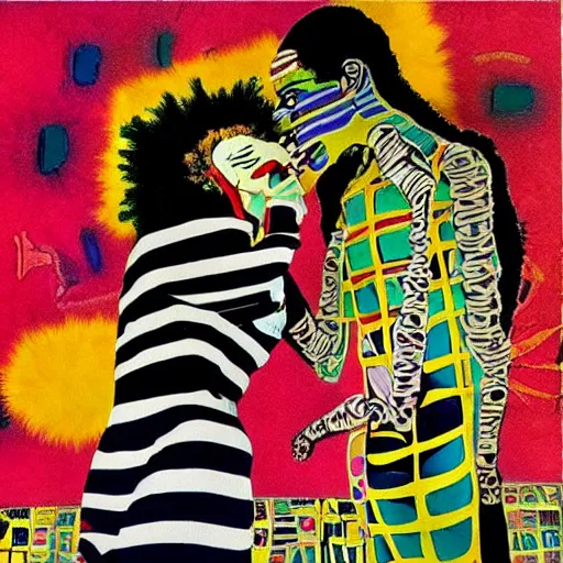 Image similar to beautiful painting of two bizarre psychedelic women kissing each other closeup in tokyo, speculative evolution, mixed media collage by basquiat and junji ito, magazine collage art, paper collage art, sapphic art, lesbian art