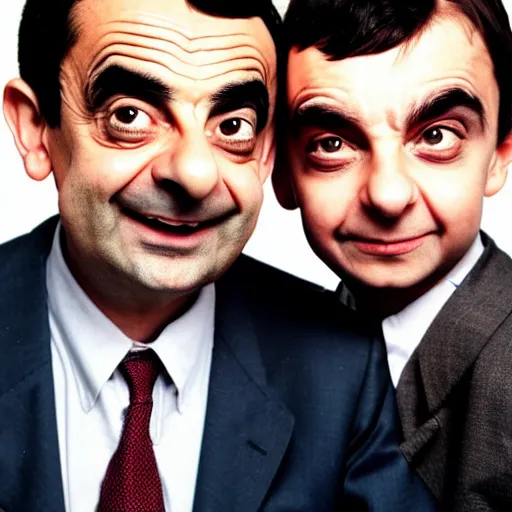 Image similar to A portrait mr bean teams up with a teenage rowan atkinson, perfect faces, 50 mm, award winning photography