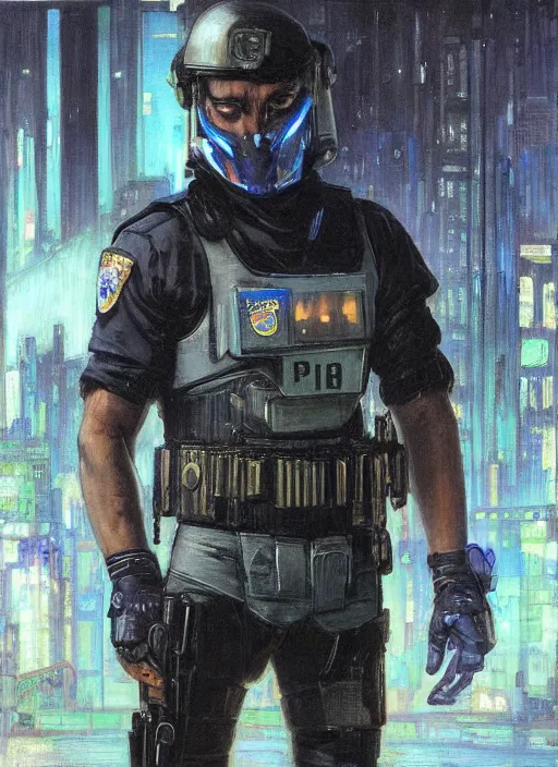 Image similar to Eliezer Nash. Menacing Cyberpunk police trooper wearing a combat vest. Rainy streets (dystopian, police state, Cyberpunk 2077, bladerunner 2049). Iranian orientalist portrait by john william waterhouse and Edwin Longsden Long and Theodore Ralli and Nasreddine Dinet, oil on canvas. Cinematic, vivid colors, hyper realism, realistic proportions, dramatic lighting, high detail 4k