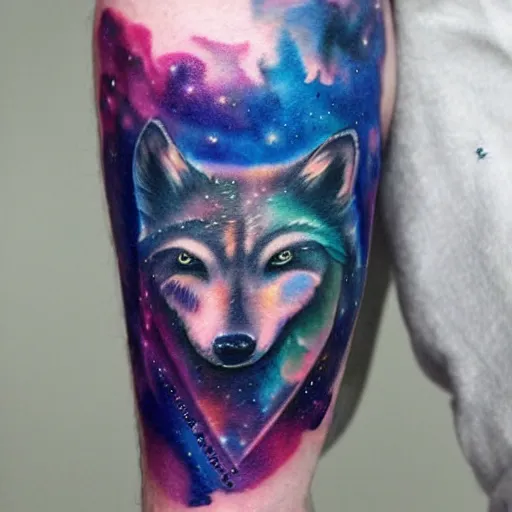Prompt: A galaxy wolf shaped nebula watercolor tattoo, advanced,