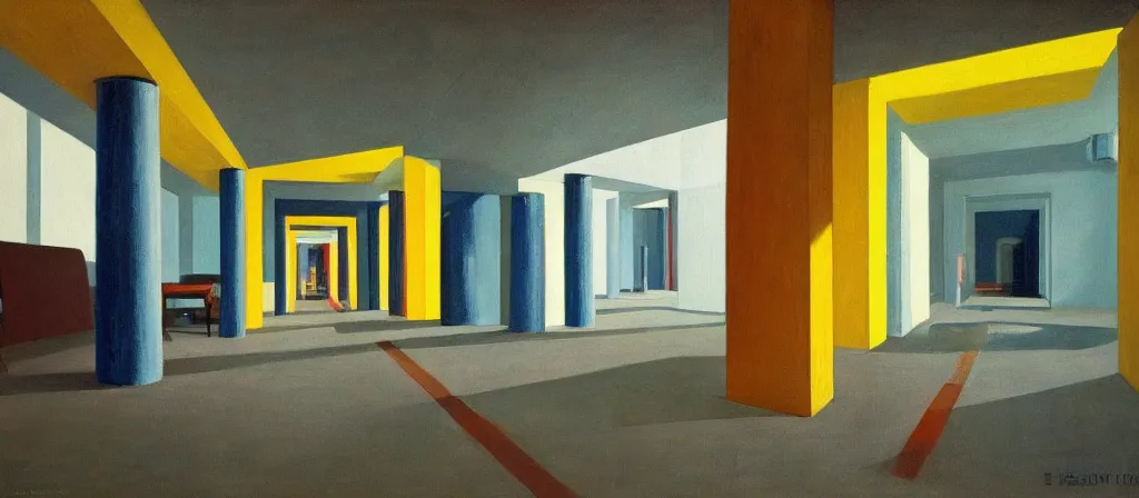 Image similar to colorful minimalist industrial interior hallway with monolithic pillars in the style of ridley scott and stanley kubrick, impossible stijl architecture, bed of flowers on floor, ultra wide angle view, realistic detailed painting by edward hopper