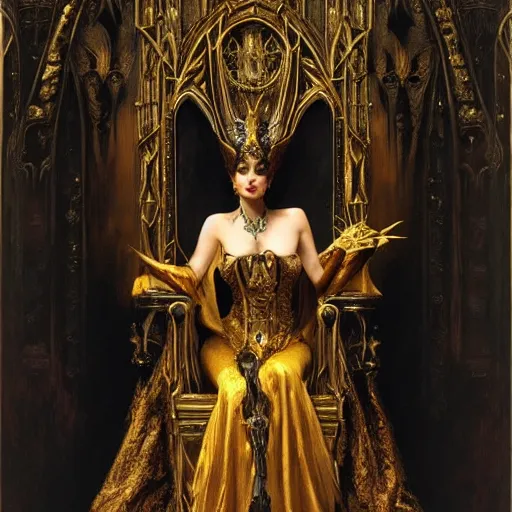 Image similar to perfectly centered portrait of beautiful vampire queen in gold gothic robe sitting on a throne of bones, painting by gaston bussiere, craig mullins, j. c. leyendecker, 8 k, mid shot