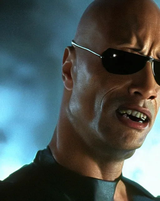 Image similar to film still close up shot of dwayne johnson as morpheus from the movie the matrix. photographic, photography