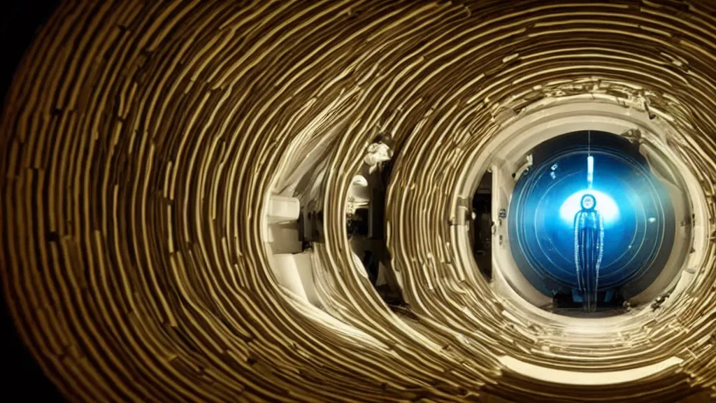 Image similar to an mri image open mri machine time tunnel portal in the living room, film still from the sci fi movie directed by denis villeneuve with art direction by salvador dali, wide lens