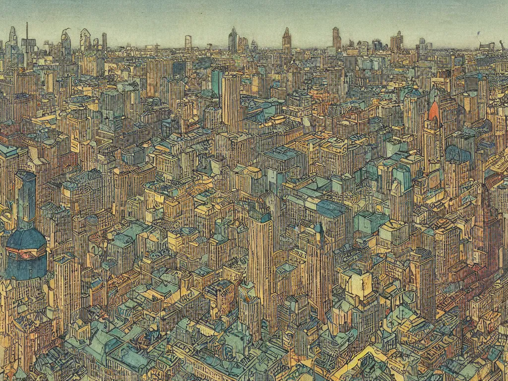 Image similar to highly detailed illustration of the milwaukee skyline, by edmund dulac and android jones, scans from museum collection