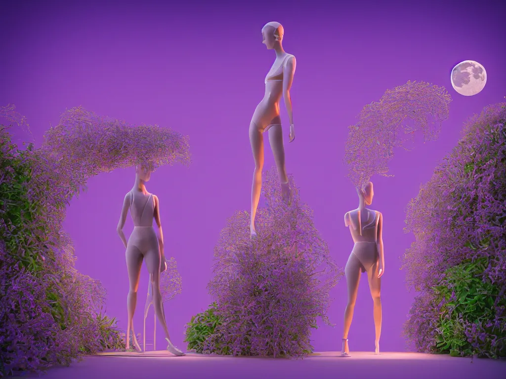 Image similar to beautiful mannequin sculpted out of amethyst by billelis + lit with 3 d geometric neon + facing a doorway opening with neon pink geometric fractal light + flowering hosta plants!!!, moon + city of los angeles in background!! dramatic, rule of thirds, award winning, 4 k, trending on artstation, photorealistic, volumetric lighting, octane render