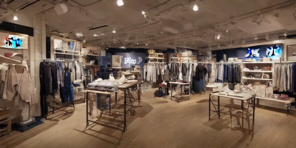 Image similar to New Balance Pop Up store, interior of vintage ferry, warm ambient lighting,