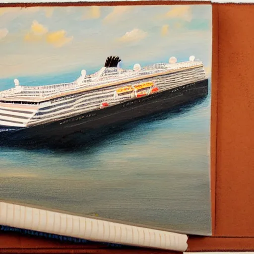 Image similar to a cruise ship bridge that has turned into a base and features a sketchbook, oil painting