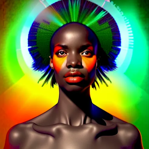 Prompt: centered chiaroscuro girlboss portrait of african goddess of nature, symmetrical face, iridescent feathers 3 d subsurface scattering, character concept art in hues of blue - green and red - orange, by artgerm