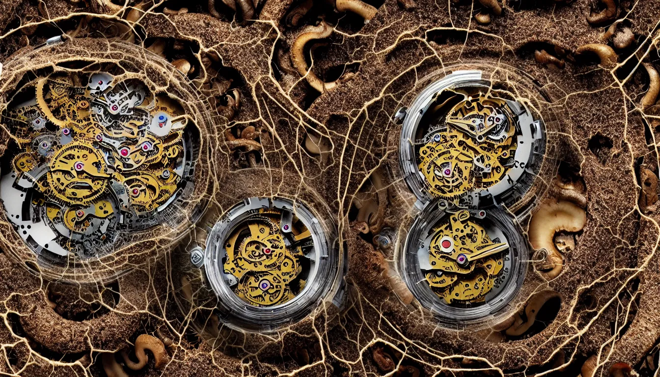 Image similar to detailed view from inside a clockwork watch, entangled roots covered in mushrooms, cracked earth, living spore microorganisms, decaying, rusty, hyper realistic photo, full colour, upscale, 8 k