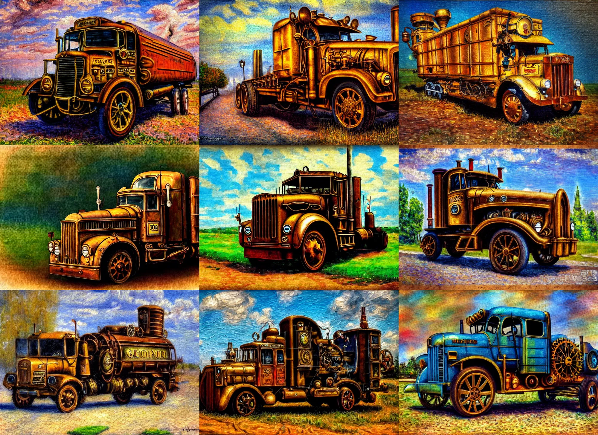 Image similar to impressionism painting of a steampunk truck