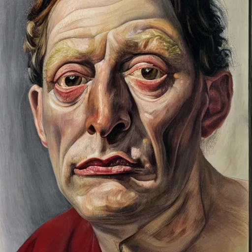 Prompt: high quality high detail painting by lucian freud, hd, man in suite staring intensely, big eyes, alizarin crimson and white, photorealistic lighting