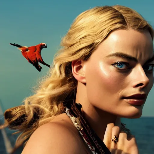 Image similar to margot robbie as a beautiful pirate with a parrot on the shoulder, realistic portrait, 8k resolution, hyper detailed, studio lighting, cinematic