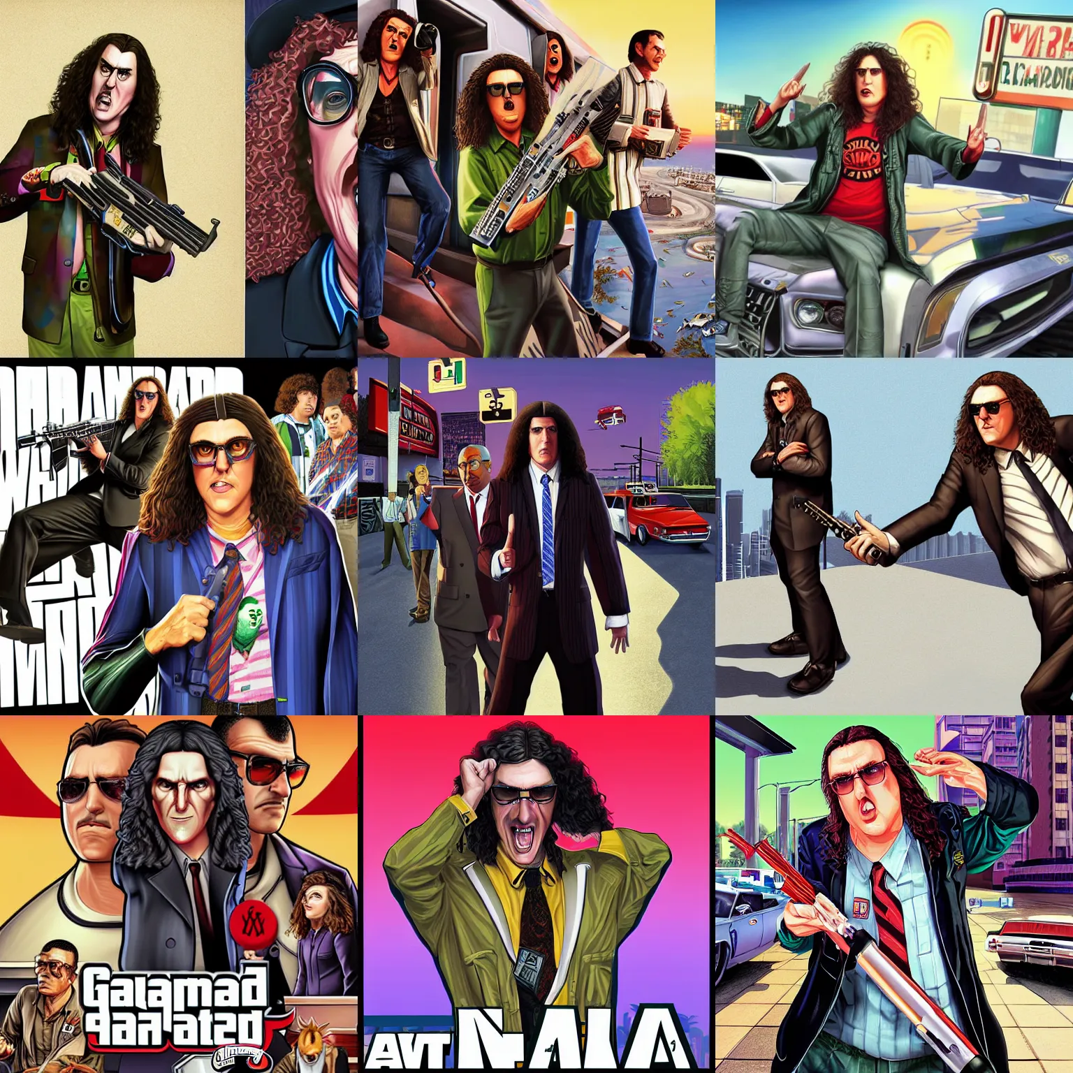 Prompt: weird al yankovic in gta v promotional art by stephen bliss, very detailed, professional quality