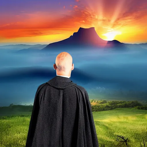 Image similar to man with a black cape on a hill mountains in background sunrise, realistic, detailed