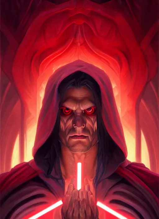 Image similar to symmetry!! Night!! portrait of a man, long hair, glowing red eyes!! Sith, evil! muscular, robes! intricate, elegant, highly detailed, digital painting, artstation, concept art, smooth, sharp focus, illustration, art by artgerm and greg rutkowski and alphonse mucha