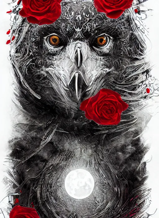 Image similar to portrait, A crow with red eyes in front of the full big moon, book cover, red roses, red white black colors, establishing shot, extremly high detail, foto realistic, cinematic lighting, pen and ink, intricate line drawings, by Yoshitaka Amano, Ruan Jia, Kentaro Miura, Artgerm, post processed, concept art, artstation, matte painting, style by eddie mendoza, raphael lacoste, alex ross